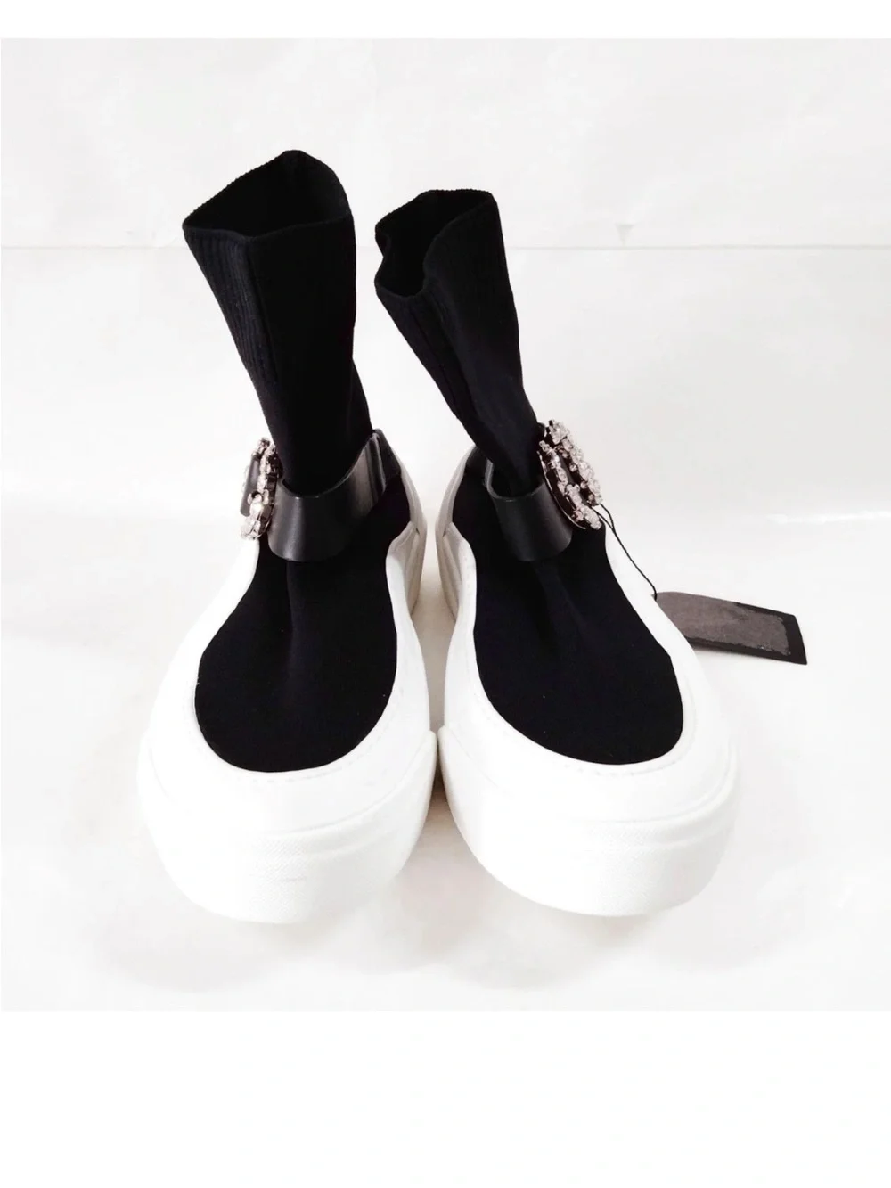 Jimmy Choo Black Sock-Style Platform Sneakers with Crystal Buckle Accent